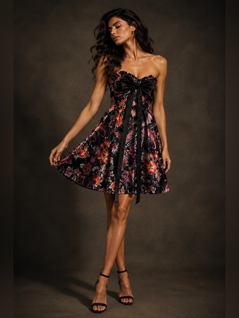 Midnight Floral Bow Mini Strapless Fit & Flare Dress Size Small
